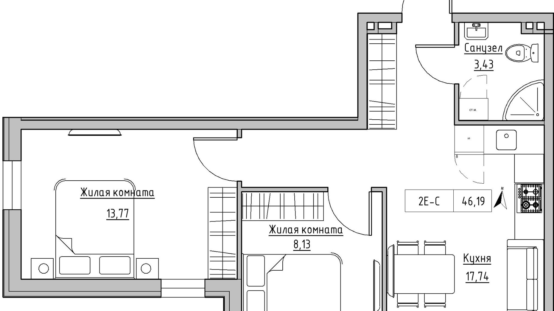 Планировка 2-комнатной квартиры в ЖК KEKS 46.19 м², фото 342507