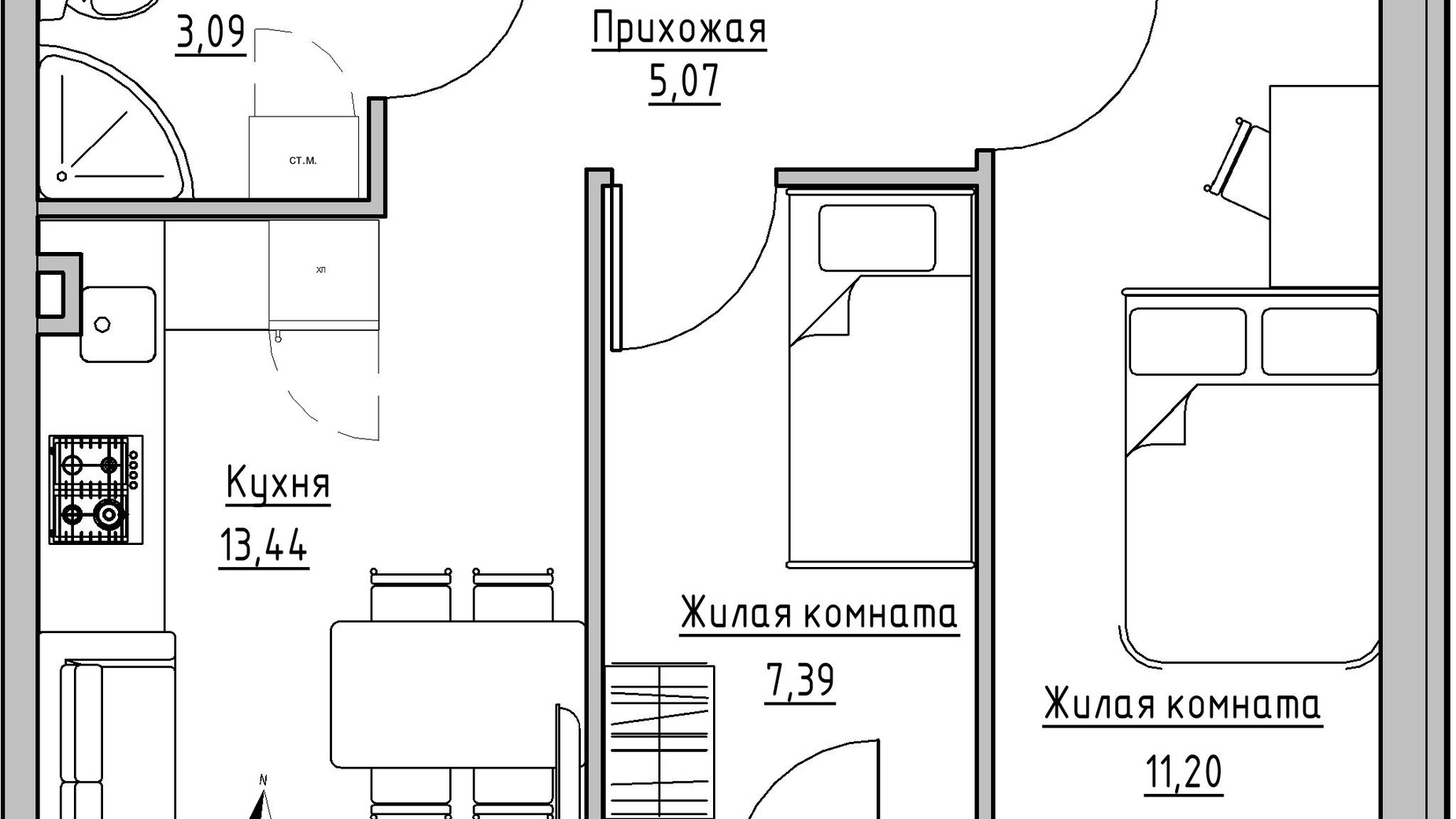 Планування 2-кімнатної квартири в ЖК KEKS 41.89 м², фото 342508