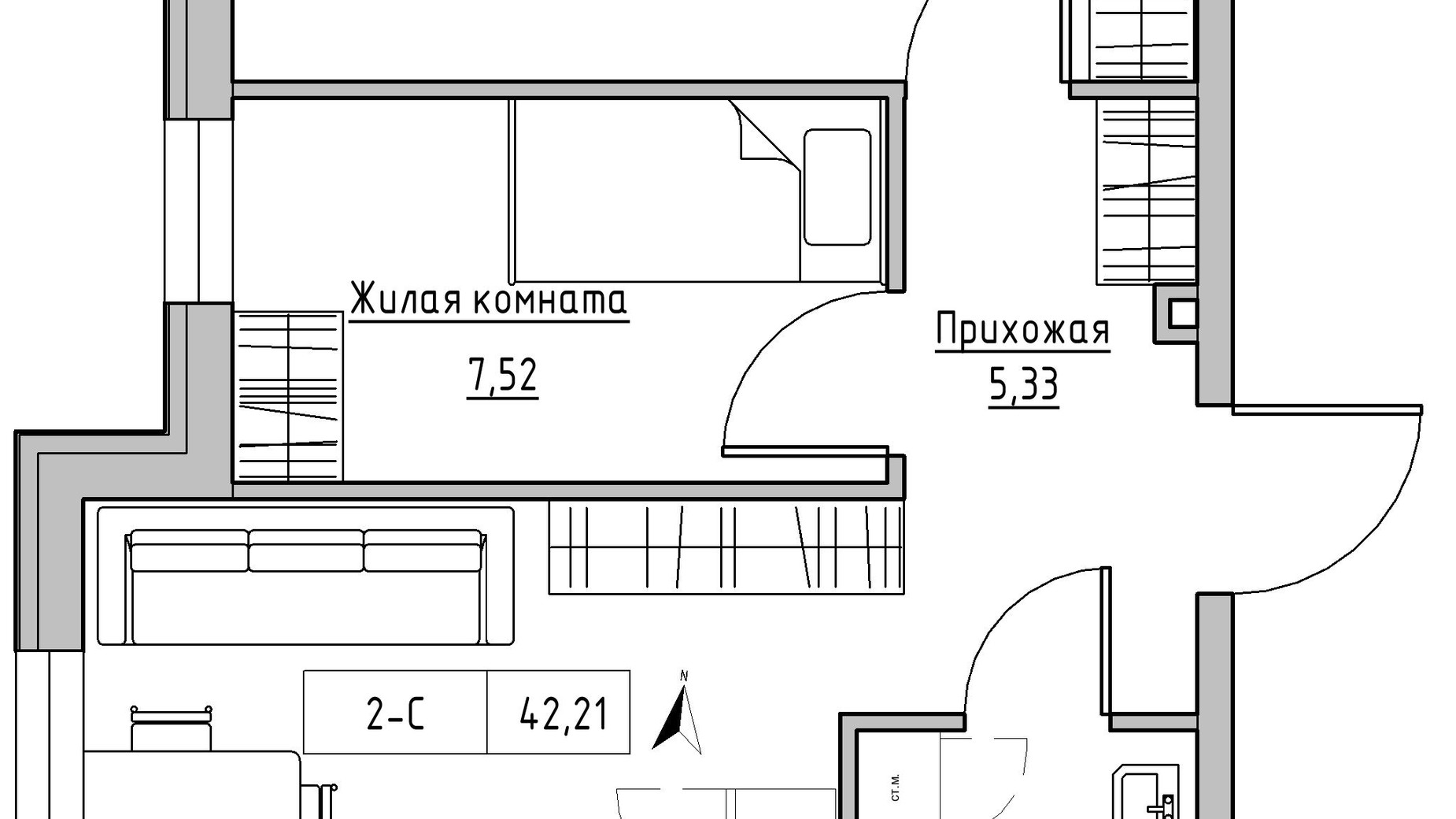Планировка 2-комнатной квартиры в ЖК KEKS 42.21 м², фото 342511