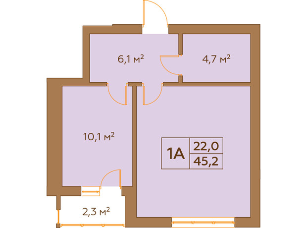 ЖК Гранд Виллас: планировка 1-комнатной квартиры 45.2 м²