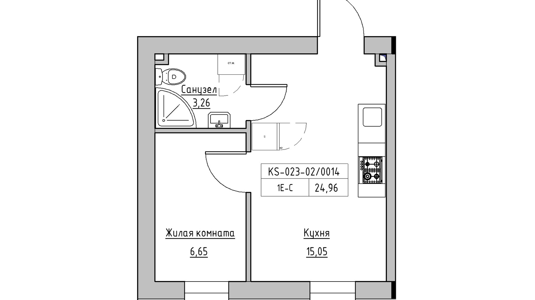 Планування 1-кімнатної квартири в ЖК KEKS 24.96 м², фото 342717