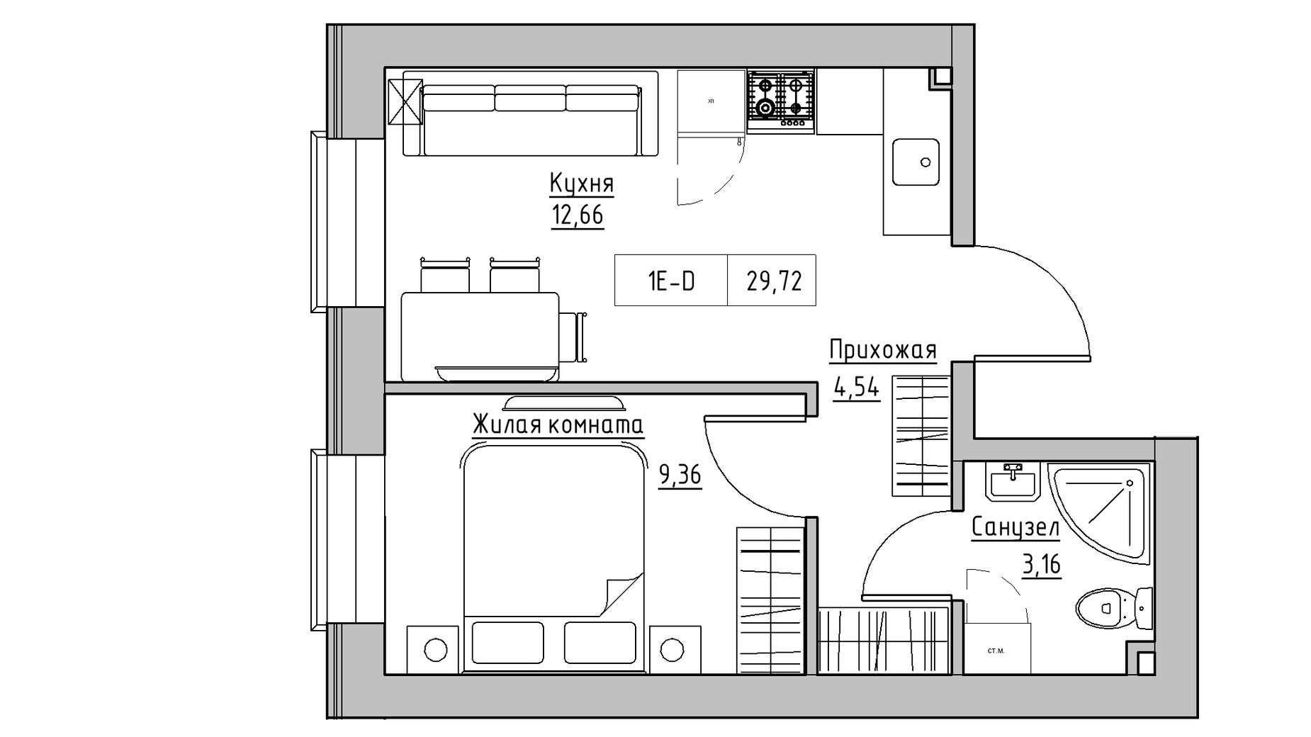 Планировка 1-комнатной квартиры в ЖК KEKS 29.72 м², фото 342730