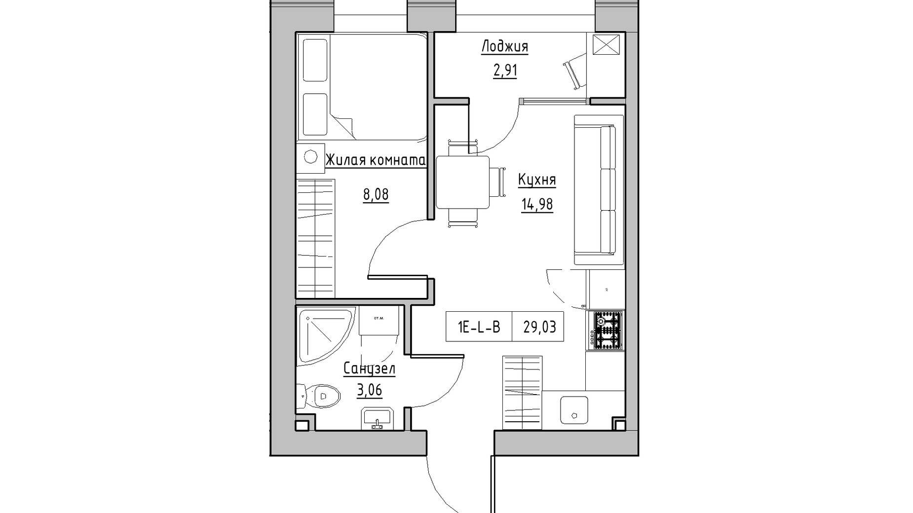 Планировка 1-комнатной квартиры в ЖК KEKS 29.02 м², фото 342732