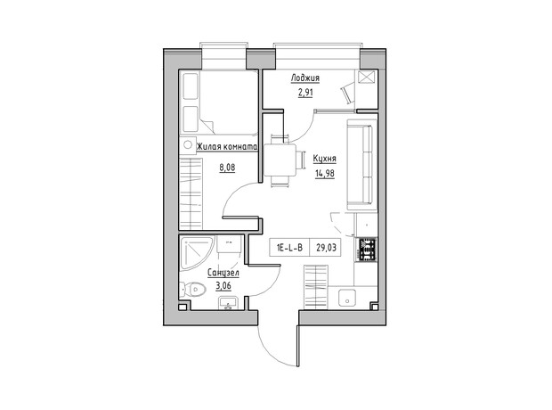 ЖК KEKS: планування 1-кімнатної квартири 29.02 м²