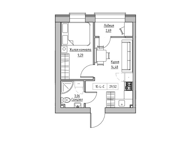 ЖК KEKS: планування 1-кімнатної квартири 29.52 м²