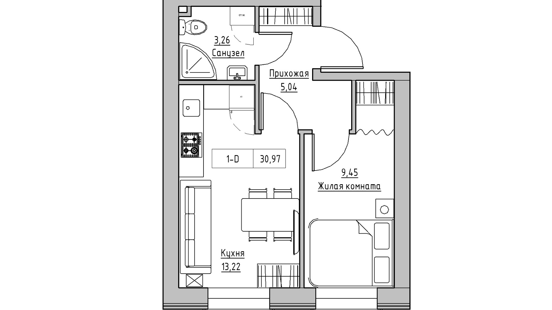 Планування 1-кімнатної квартири в ЖК KEKS 30.97 м², фото 342735