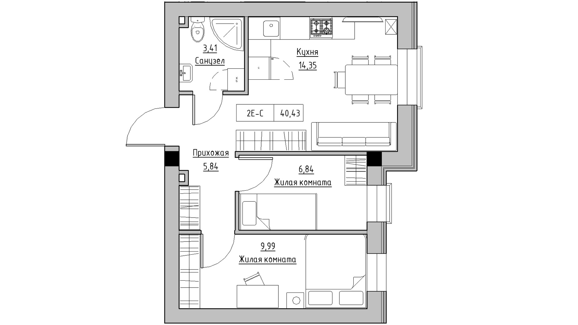 Планування 2-кімнатної квартири в ЖК KEKS 40.43 м², фото 342736