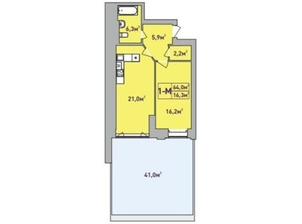 ЖК Центральний Premium: планування 1-кімнатної квартири 64 м²