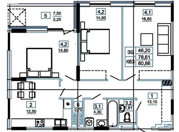 ЖК Канада: планування 3-кімнатної квартири 80.86 м²