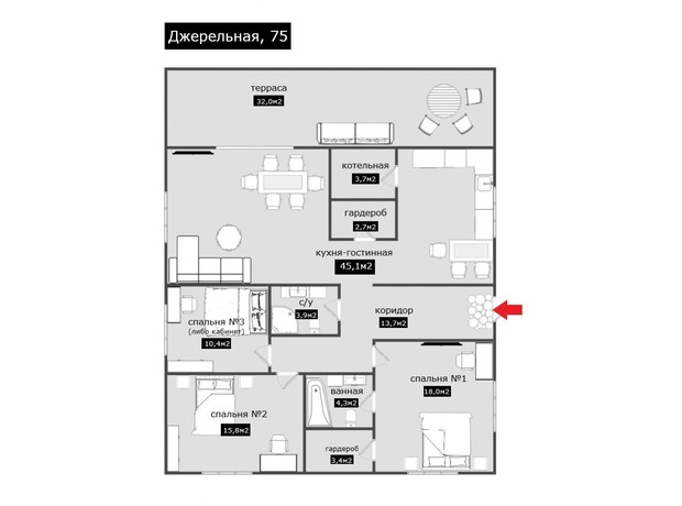 КГ Дом Шевченково: планировка 3-комнатной квартиры 122 м²