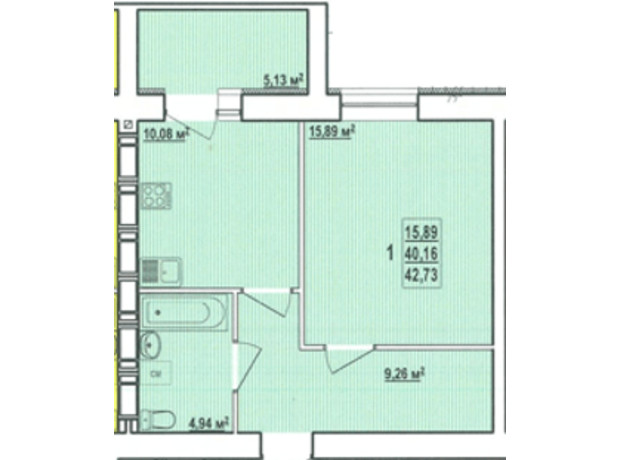 ЖК Райдужний-3: планування 1-кімнатної квартири 42.73 м²