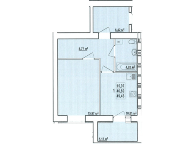 ЖК Радужный-3: планировка 1-комнатной квартиры 49.46 м²