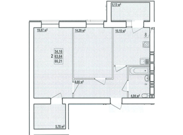 ЖК Радужный-3: планировка 2-комнатной квартиры 66.21 м²