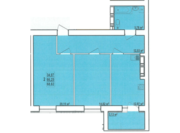 ЖК Райдужний-3: планування 2-кімнатної квартири 68.82 м²