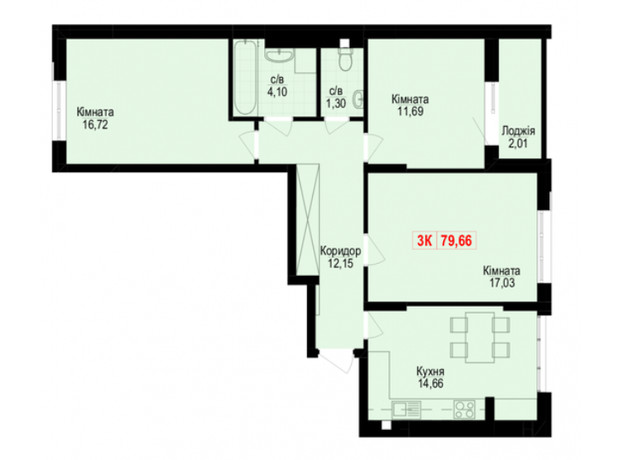 ЖК Цитадель-1: планировка 3-комнатной квартиры 79.66 м²