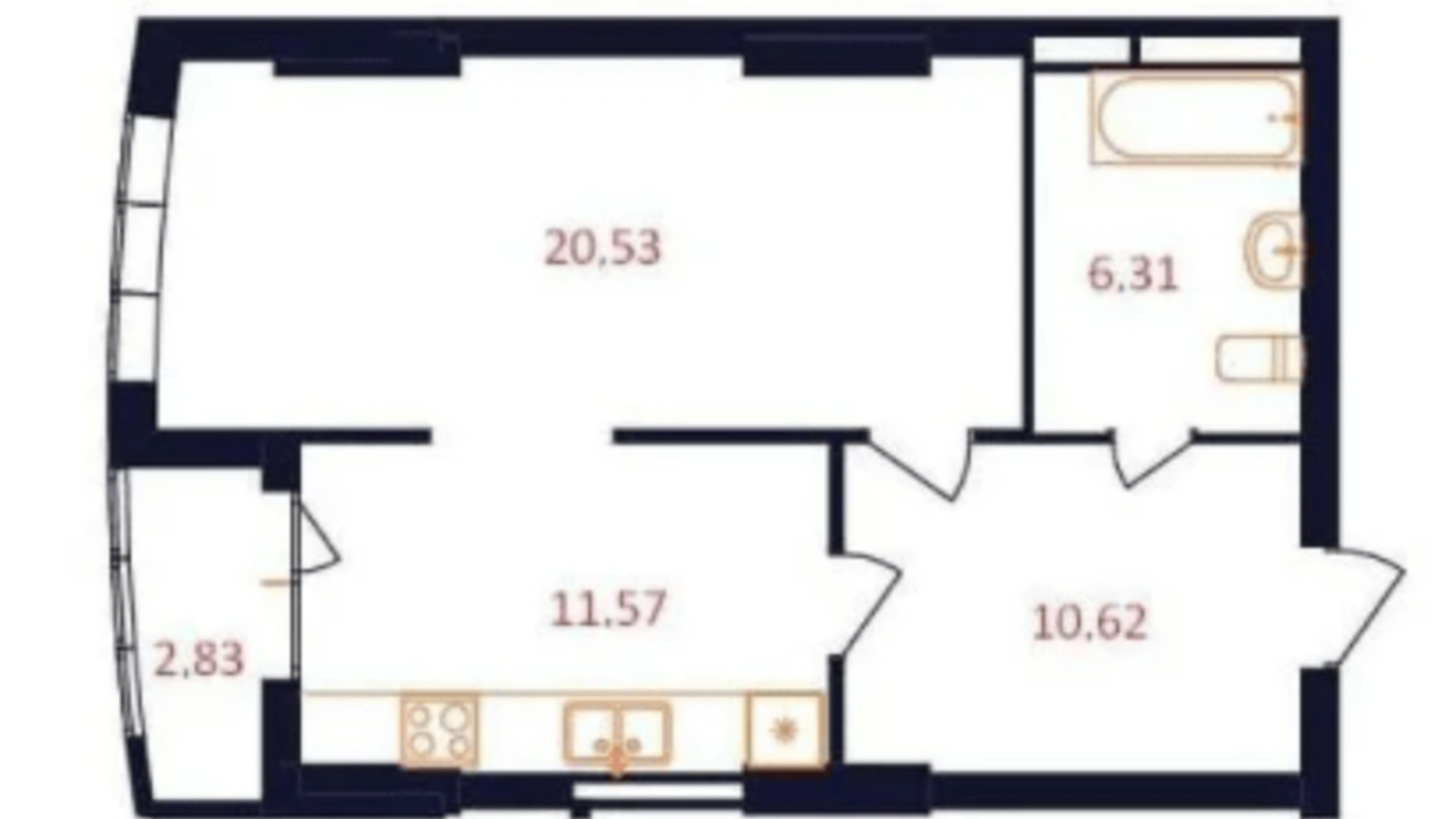 Планування 1-кімнатної квартири в ЖК The First House 50.47 м², фото 344350