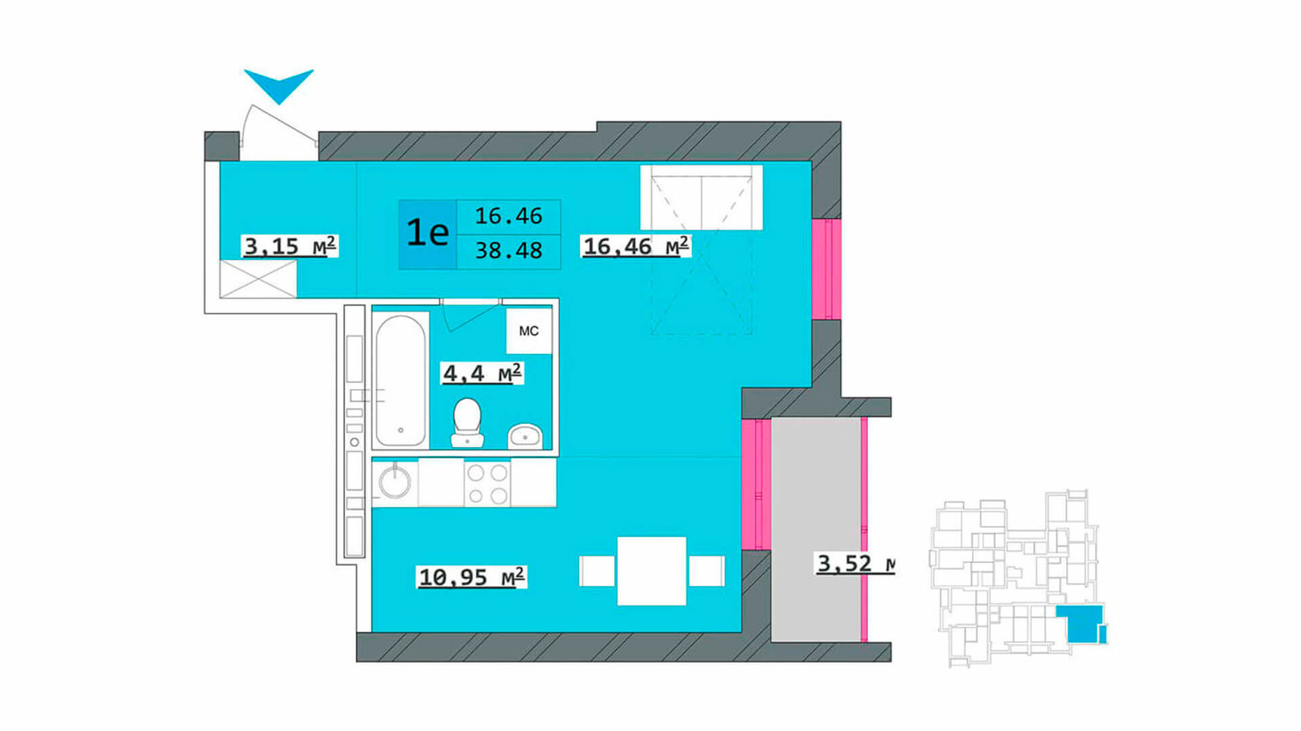 Планування 1-кімнатної квартири в ЖК Столичний 38.48 м², фото 344455