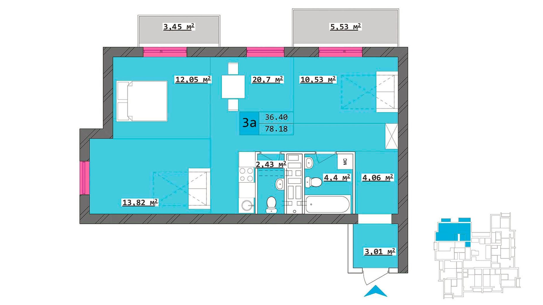 Планування 3-кімнатної квартири в ЖК Столичний 78.18 м², фото 344460