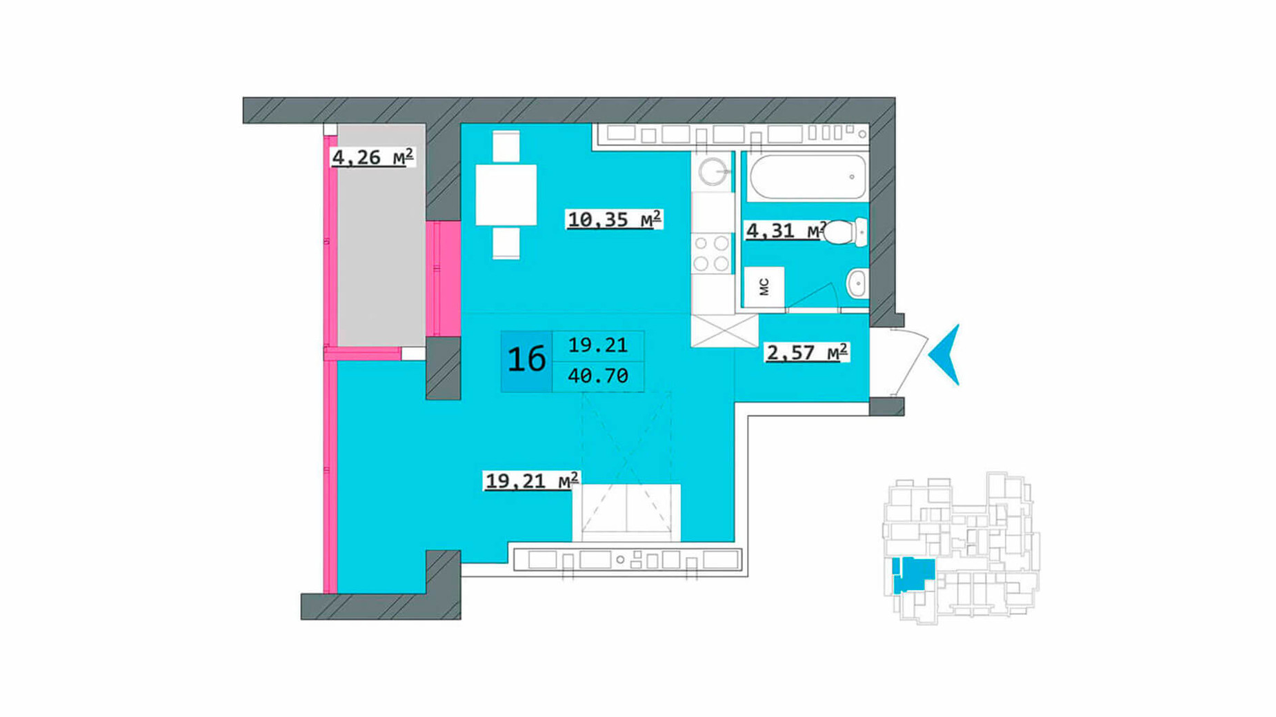 Планування 1-кімнатної квартири в ЖК Столичний 40.7 м², фото 344462