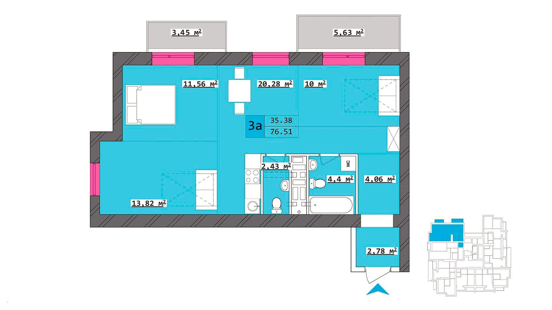 Планування 3-кімнатної квартири в ЖК Столичний 76.51 м², фото 344466