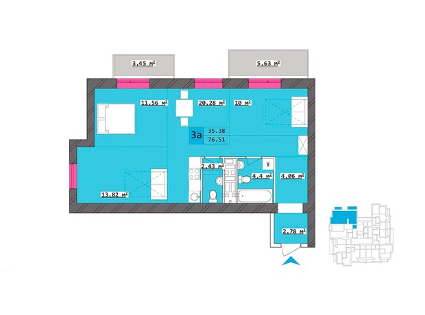 ЖК Столичный: планировка 3-комнатной квартиры 76.51 м²