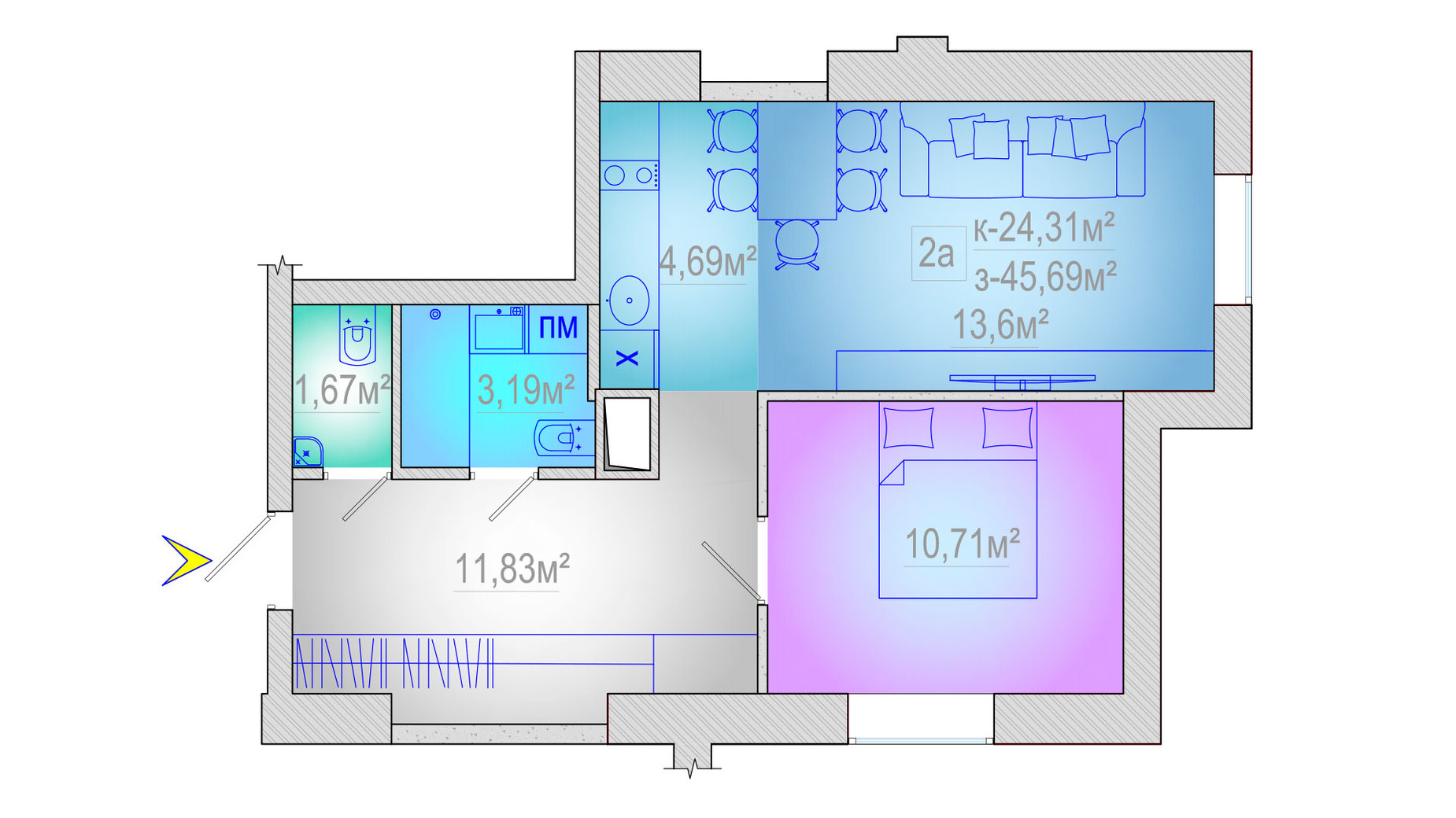Планування 1-кімнатної квартири в ЖК Столичний 45.69 м², фото 344468
