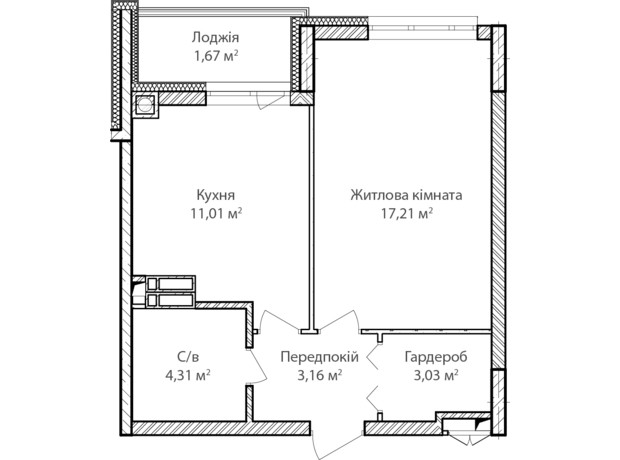 ЖК Синергия Сити: планировка 1-комнатной квартиры 40 м²