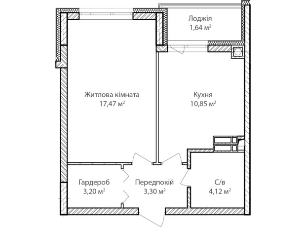 ЖК Синергия Сити: планировка 1-комнатной квартиры 40 м²