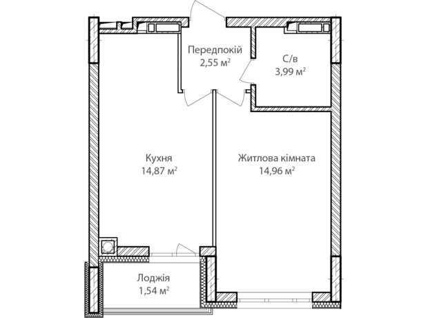 ЖК Синергия Сити: планировка 1-комнатной квартиры 37 м²