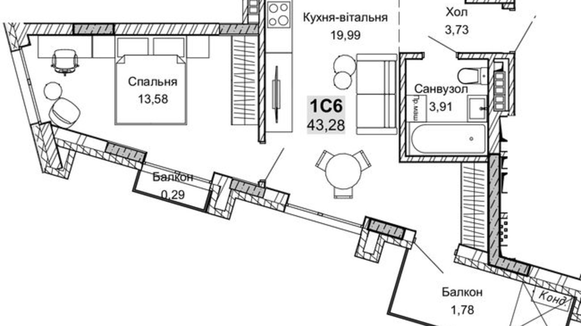 Планування 1-кімнатної квартири в Апарт-комплекс Pokrovsky Apart Complex 43.28 м², фото 345148