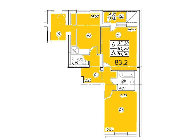 ЖК Аквамарин: планування 2-кімнатної квартири 83.2 м²