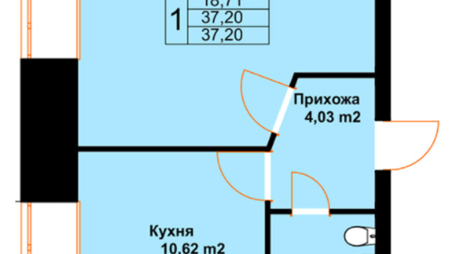 Планировка 1-комнатной квартиры в ЖК Бавария 37.2 м², фото 345191