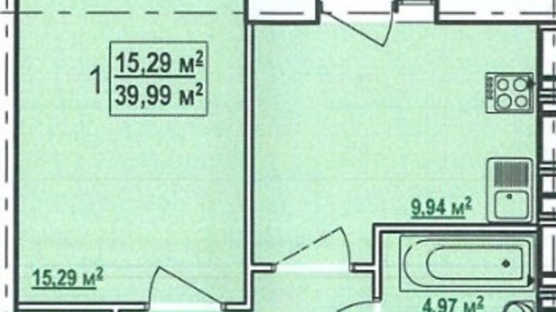 Планування 1-кімнатної квартири в ЖК Ньютона-2 39.99 м², фото 345404