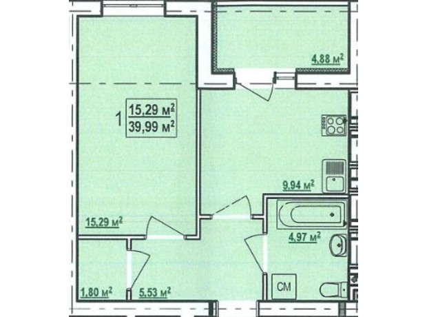 ЖК Ньютона-2: планировка 1-комнатной квартиры 39.99 м²