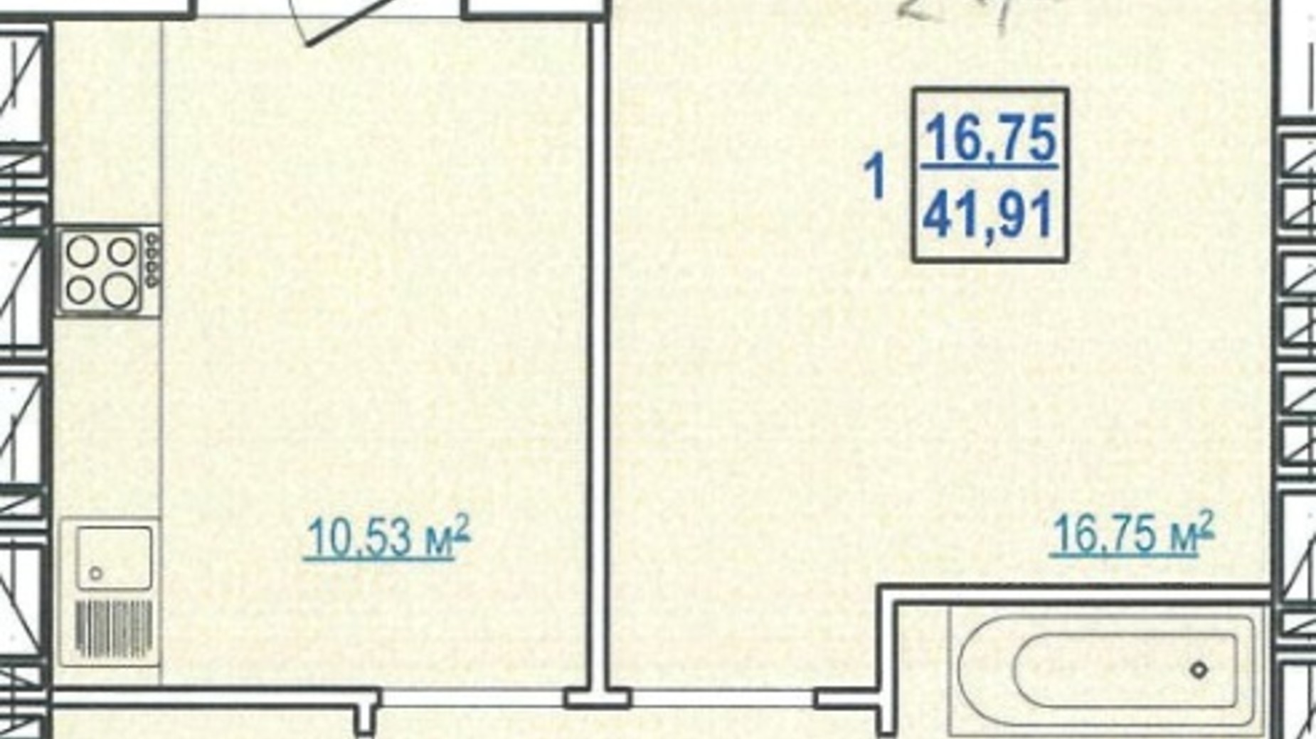 Планировка 1-комнатной квартиры в ЖК ул. Чеботарская, 80 41.91 м², фото 345436