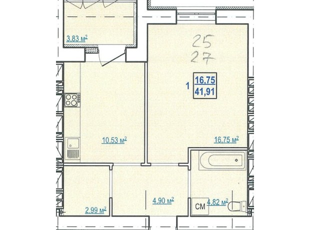 ЖК ул. Чеботарская, 80: планировка 1-комнатной квартиры 41.91 м²