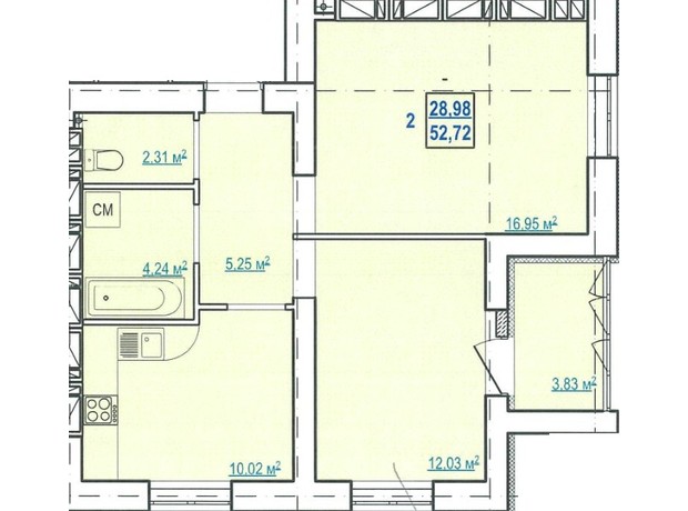 ЖК ул. Чеботарская, 80: планировка 2-комнатной квартиры 57.72 м²