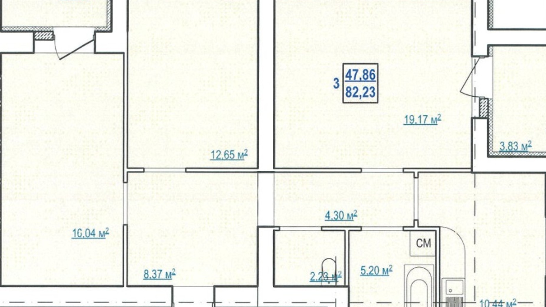Планування 3-кімнатної квартири в ЖК вул. Чоботарська, 80 82.23 м², фото 345438