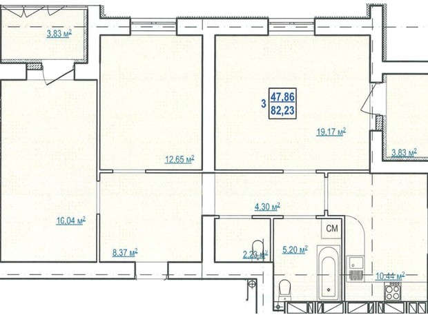 ЖК вул. Чоботарська, 80: планування 3-кімнатної квартири 82.23 м²