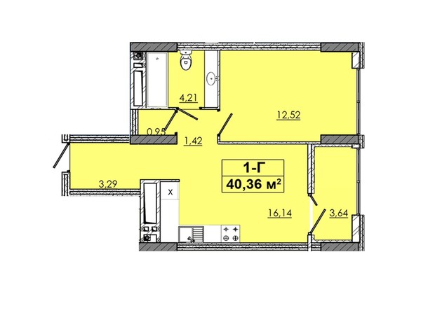 ЖК 4 Towers : планування 1-кімнатної квартири 40.36 м²