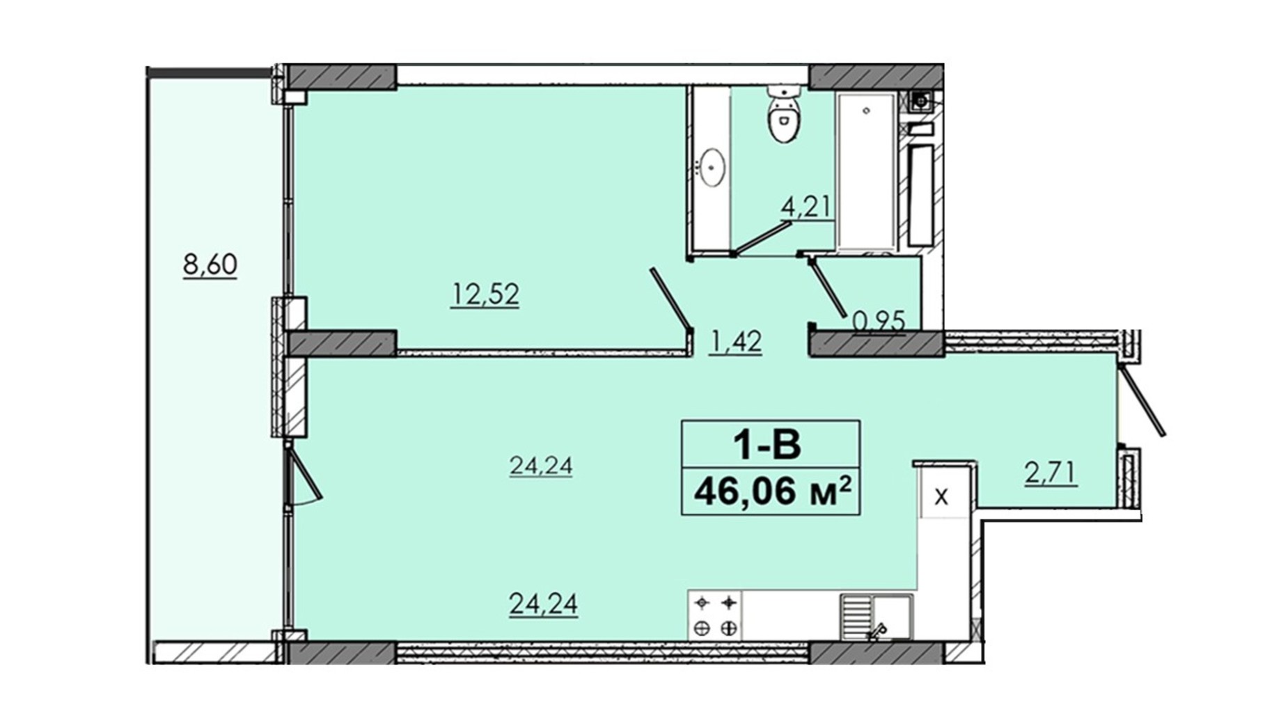 Планировка 1-комнатной квартиры в ЖК 4 Towers  46.06 м², фото 345442