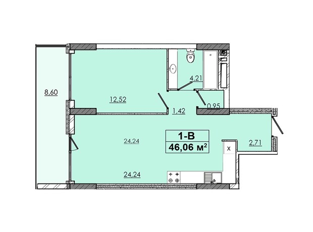 ЖК 4 Towers : планування 1-кімнатної квартири 46.06 м²