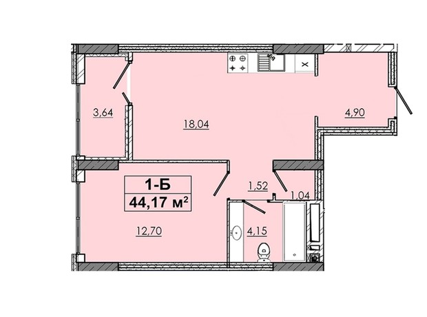 ЖК 4 Towers : планування 1-кімнатної квартири 44.17 м²