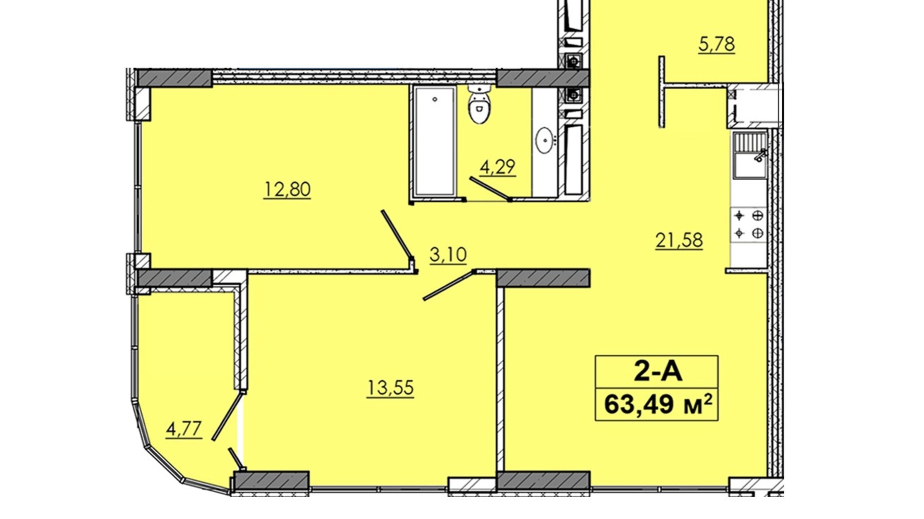 Планування 2-кімнатної квартири в ЖК 4 Towers  63.49 м², фото 345444