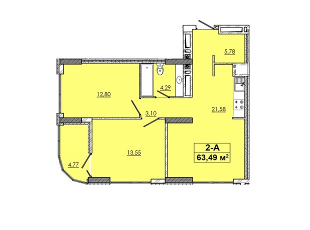 ЖК 4 Towers : планировка 2-комнатной квартиры 63.49 м²