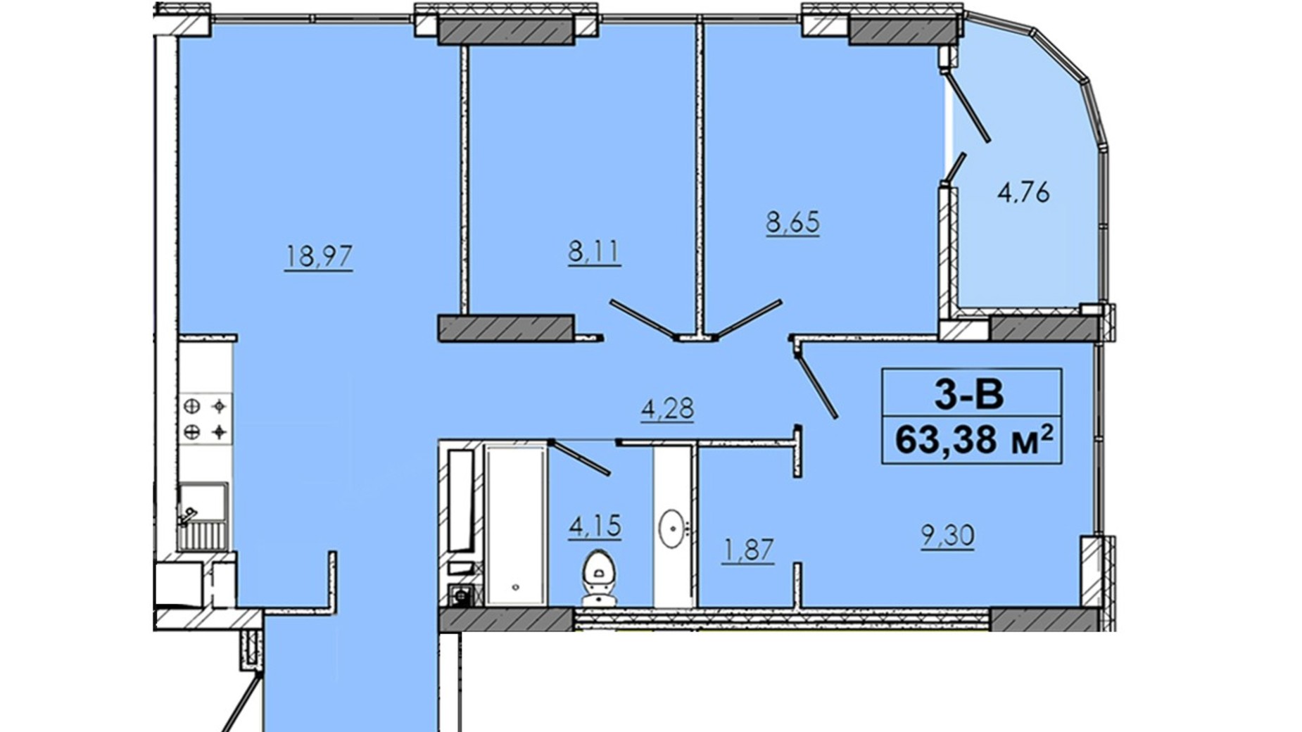 Планировка 3-комнатной квартиры в ЖК 4 Towers  63.38 м², фото 345445