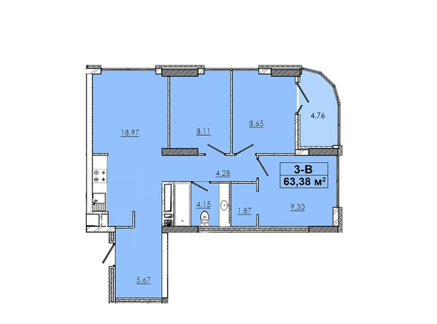ЖК 4 Towers : планировка 3-комнатной квартиры 63.38 м²