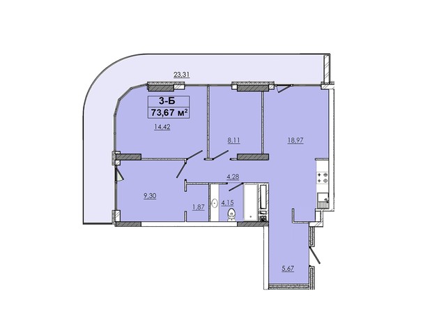 ЖК 4 Towers : планування 3-кімнатної квартири 73.67 м²