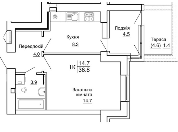 ЖК Happy Дім: планування 1-кімнатної квартири 36.8 м²