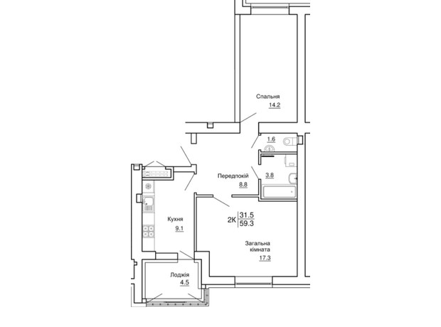 ЖК Happy Дом: планировка 2-комнатной квартиры 59.3 м²